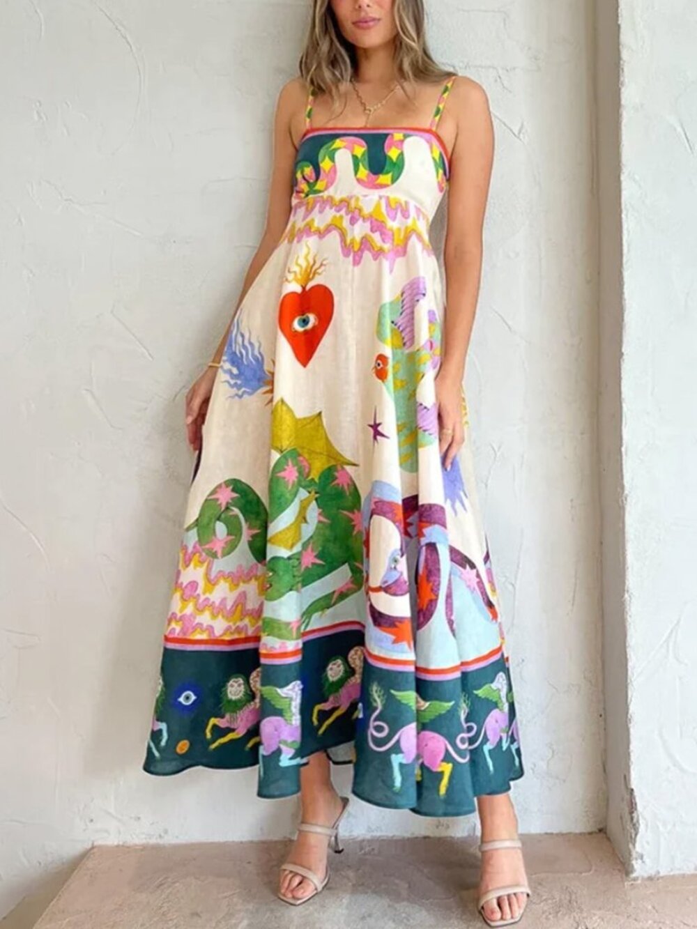 Multicolor Celestial Mythical Print Spaghetti Strap Midi Dress